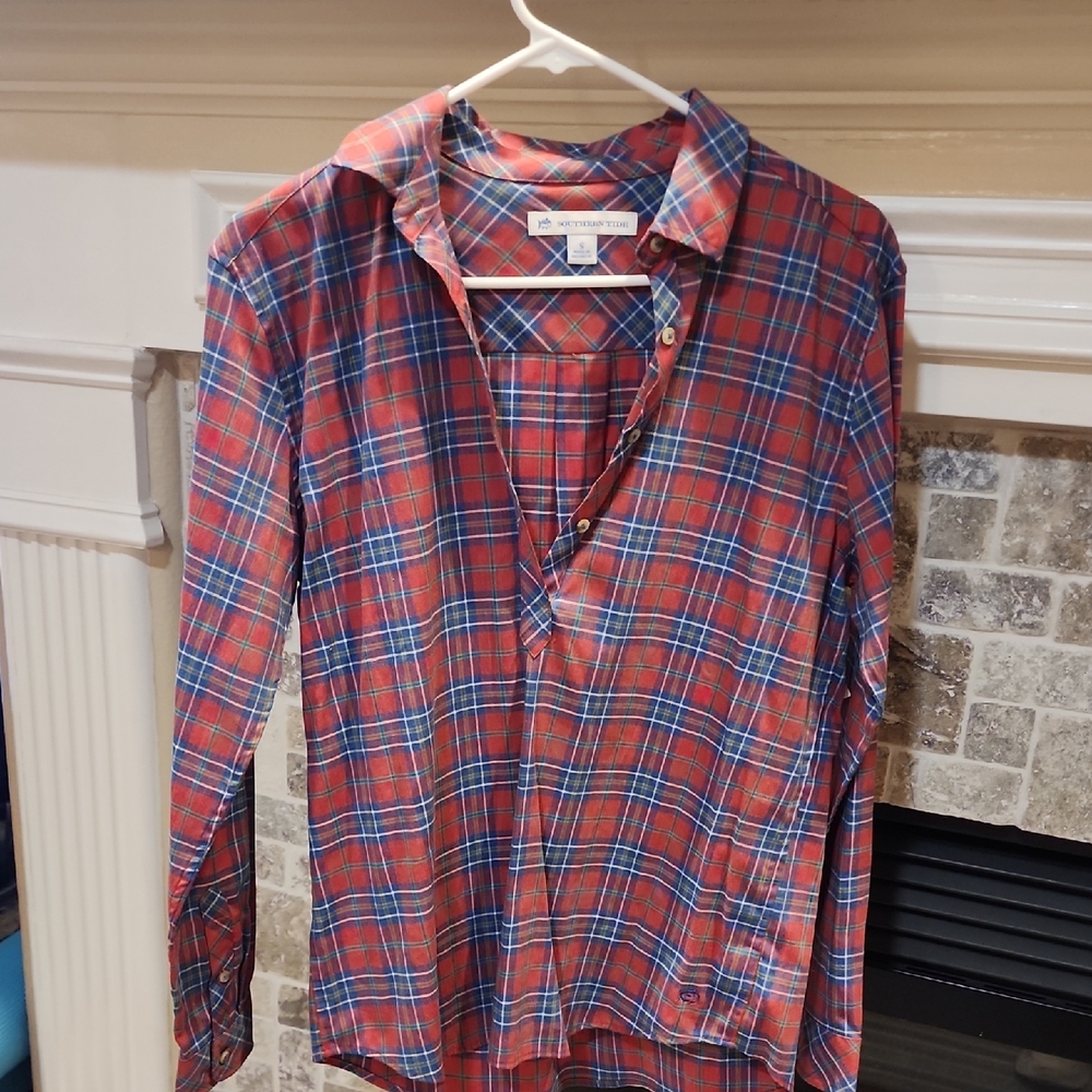Southern Tide Women's Red and Blue Plaid Button-Down Shirt